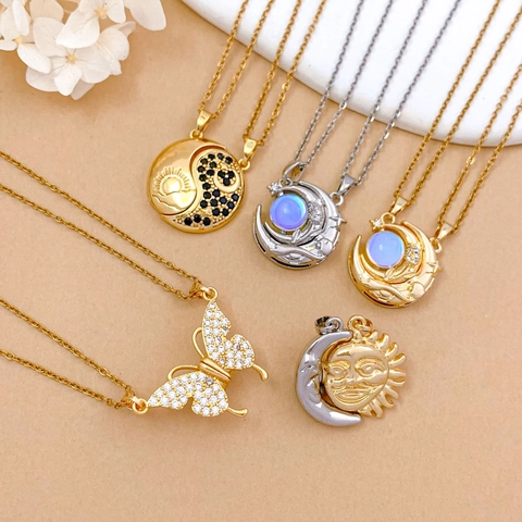 Titanium Steel Sun Moon Magnetic Couple Necklace For Women Gold Silver Plated Copper Zirconia Matching Jewelry Set