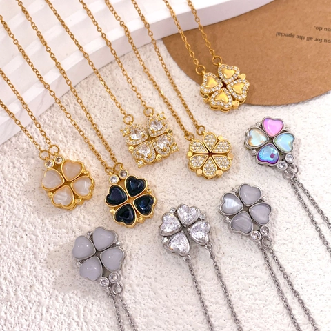 Luxury Magnetic Folding Four Leaf Clover Heart Necklace For Women Stainless Steel Zircon Flower Pendant Jewelry Gift
