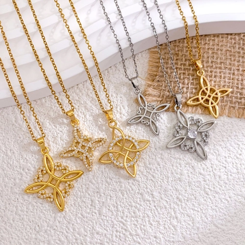 Titanium Steel Celtic Knot Witch Knot Necklace For Women Vintage Hollow Geometric Star Zirconia Pendant Jewelry Non Tarnish