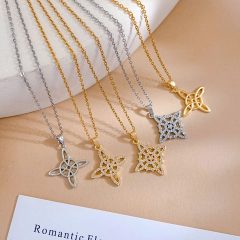 Titanium Steel Celtic Knot Witch Knot Necklace For Women Vintage Hollow Geometric Star Zirconia Pendant Jewelry Non Tarnish