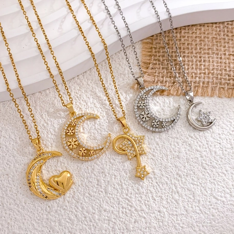 Stainless Steel Cross Chain Copper Zirconia Moon Star Heart Pendant Necklace Gold Silver Plated Elegant Women Jewelry