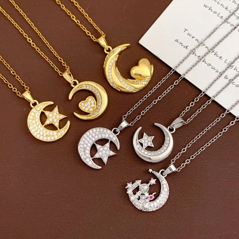 Stainless Steel Cross Chain Copper Zirconia Moon Star Heart Pendant Necklace Gold Silver Plated Elegant Women Jewelry