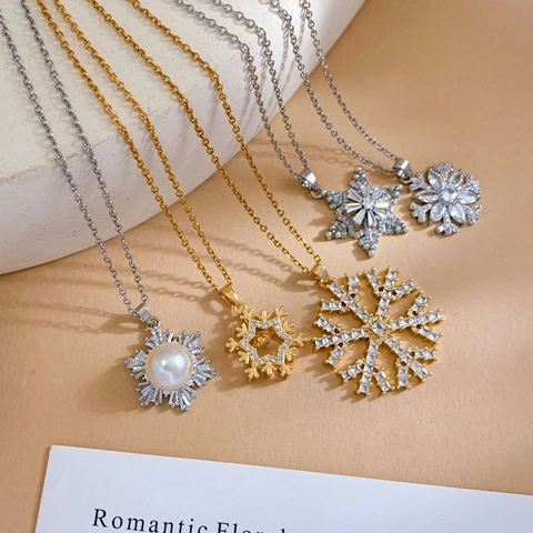 Elegant Snowflake Pendant Necklace Titanium Steel Chain Real Gold Plated Copper Inlaid Zirconia Artificial Pearl Choker Christmas Winter Jewelry For Women