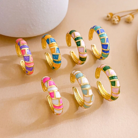 Fashion Women Gold Plated Copper Enamel Checkered Open Ring Geometric Mosaic Adjustable Finger Ring Daily Jewelry Gift