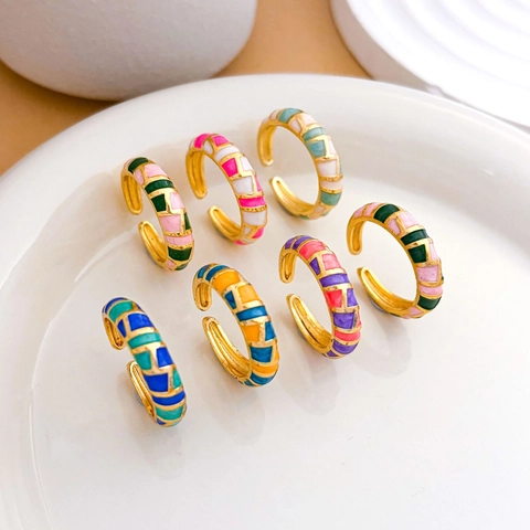 Fashion Women Gold Plated Copper Enamel Checkered Open Ring Geometric Mosaic Adjustable Finger Ring Daily Jewelry Gift