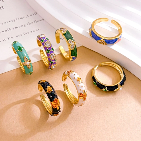 Real Gold Plated Copper Enamel Ring Colorful Floral Heart Lucky Clover Open Adjustable Ring With Zirconia Artificial Pearl Jewelry