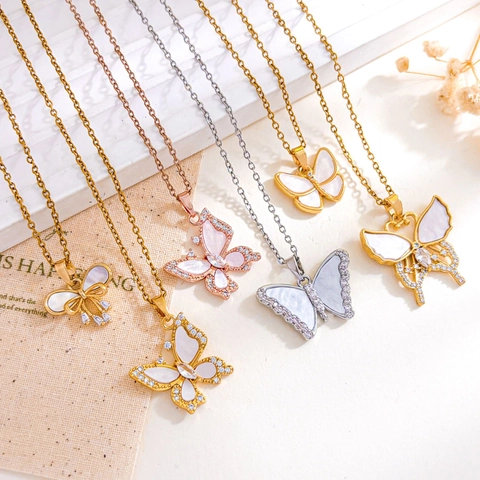 Vlinder Hanger Halsketting Voor Vrouwen Titaniumstaal Zirkonia Kunstparelmoer Ingelegd Ankerketting Goud Zilver Elegante Sieraden Cadeau
