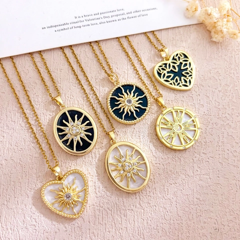 Vintage Vergoldete Edelstahl Stern Kompass Anhänger Halskette Für Damen Elegante Perlmutt Zirkon Sonne Herz Schmuck