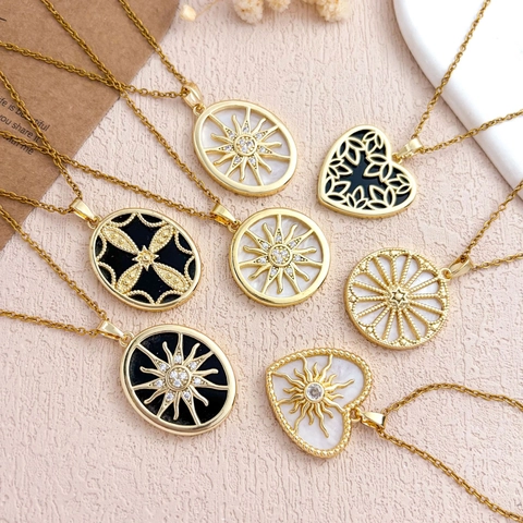 Vintage Vergoldete Edelstahl Stern Kompass Anhänger Halskette Für Damen Elegante Perlmutt Zirkon Sonne Herz Schmuck