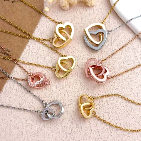 Mode Titanstahl Ineinandergreifende Herz Anhänger Halskette Für Damen Kupfer Zirkonia Eingelegt Kette Valentinstag Schmuck Geschenk