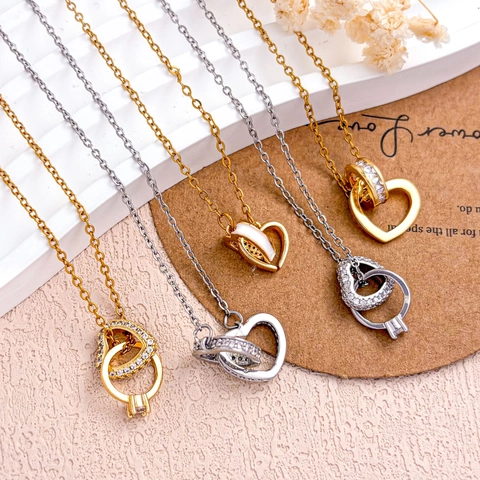 Mode Titanstahl Ineinandergreifende Herz Anhänger Halskette Für Damen Kupfer Zirkonia Eingelegt Kette Valentinstag Schmuck Geschenk