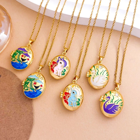 Vintage Stainless Steel Gold Plated Locket Necklace Enamel Swan Island Rabbit Copper Zirconia Pendant Necklace For Women Jewelry