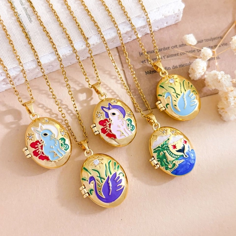 Vintage Stainless Steel Gold Plated Locket Necklace Enamel Swan Island Rabbit Copper Zirconia Pendant Necklace For Women Jewelry