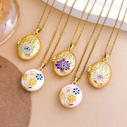 Stainless Steel Enamel Locket Necklace Evil Eye Hamsa Hand Daisy Flower Photo Holder Gold Jewelry Gift For Women