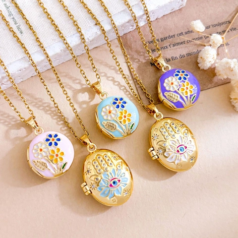 Stainless Steel Enamel Locket Necklace Evil Eye Hamsa Hand Daisy Flower Photo Holder Gold Jewelry Gift For Women
