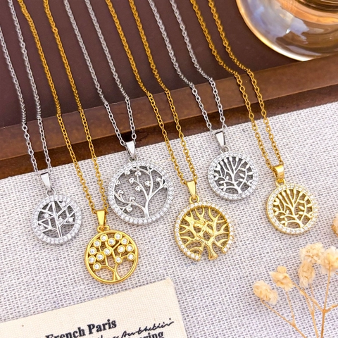 Round Tree Of Life Zirconia Copper Pendant Stainless Steel Chain Necklace Gold Silver Plated Jewelry For Women Gift