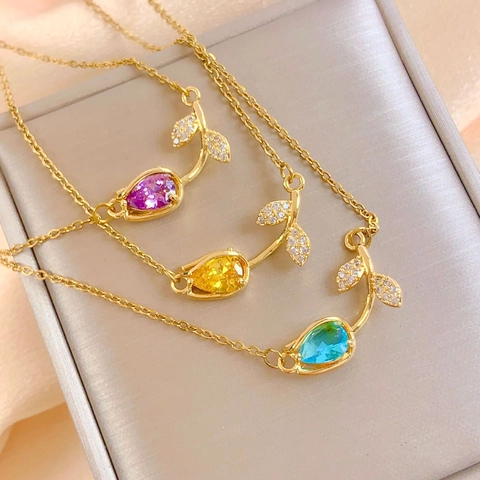 Stainless Steel Tulip Flower Pendant Necklace Gold Silver Plated Zirconia Adjustable Bracelet Jewelry For Women Gift