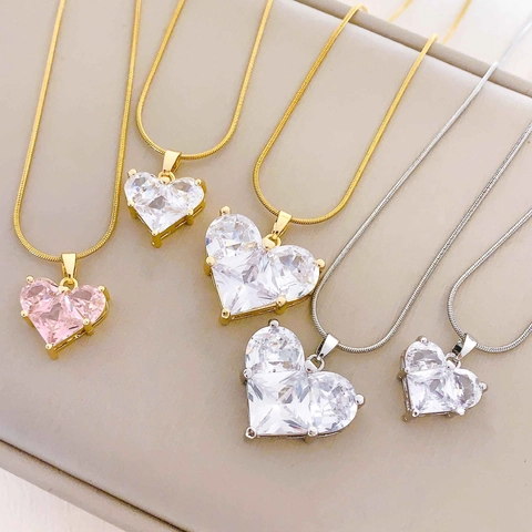 Fashion Stainless Steel Heart Pendant Necklace For Women Gold Silver Plated Zirconia Snake Chain Collar Bone Necklace Jewelry