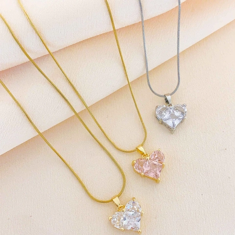 Fashion Stainless Steel Heart Pendant Necklace For Women Gold Silver Plated Zirconia Snake Chain Collar Bone Necklace Jewelry