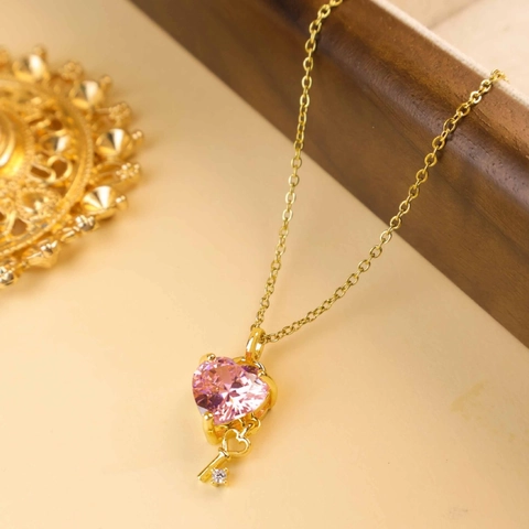 Gold Plated Stainless Steel Heart Pink Zirconia Pendant Necklace With Copper Key Charm Fashion Jewelry For Women Gift