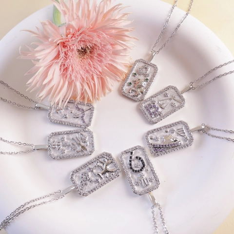 Stainless Steel Zodiac Signs Rectangle Pendant Necklace With Copper Zirconia Faux Mother Of Pearl Gold Silver Chain Jewelry For Women