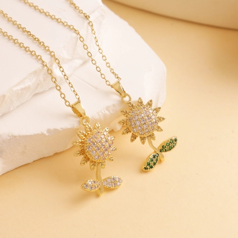 Collana con Pendente a Girasole Ruotabile per Donna Acciaio al Titanio Placcato Oro Argento Zirconia Fiore Rotante Catena a Clavicola Gioielli Regalo