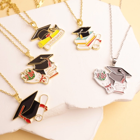 Titanium Steel Copper Enamel Graduation Cap Book Scroll Pendant Necklace Gold Silver Commemorative Jewelry For Graduate Students Women