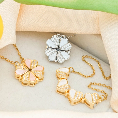 Magnetic Foldable Heart Four Leaf Clover Necklace For Women Titanium Steel Two Way Wear Zirconia Mother Of Artificial Pearl Jewelry