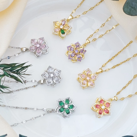 Rotierende Zirkonia Bauhinie Blume Anhänger Halskette Edelstahl Kette Vergoldetes Kupfer Für Damen Hochzeits Schmuck