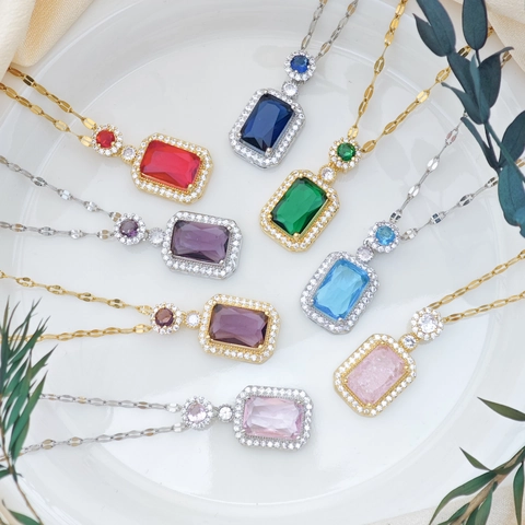 Luxury Zirconia Rectangular Gemstone Halo Pendant Necklace Stainless Steel Copper Gold Plated Women Fashion Jewelry