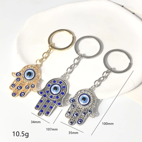 Vintage Hamsa Hand Böser Blick Schlüsselanhänger Metall Anhänger Blaues Auge Strass Legierung Schlüsselring Tasche Schmuck
