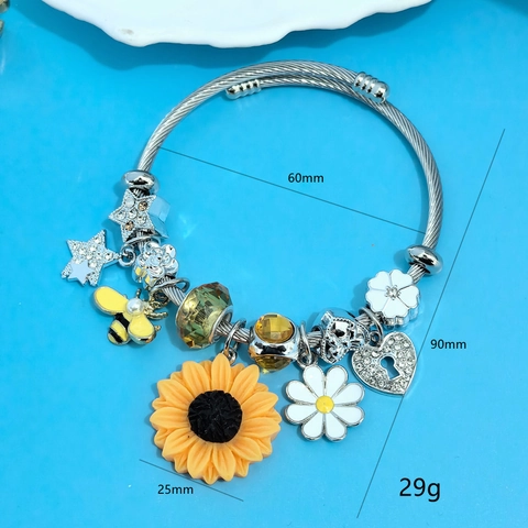 Women Stainless Steel Charm Bracelet Sunflower Bee Daisy Heart Pendant Gold Silver Plated Enamel Zirconia Bangle Jewelry