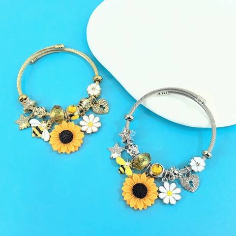 Women Stainless Steel Charm Bracelet Sunflower Bee Daisy Heart Pendant Gold Silver Plated Enamel Zirconia Bangle Jewelry