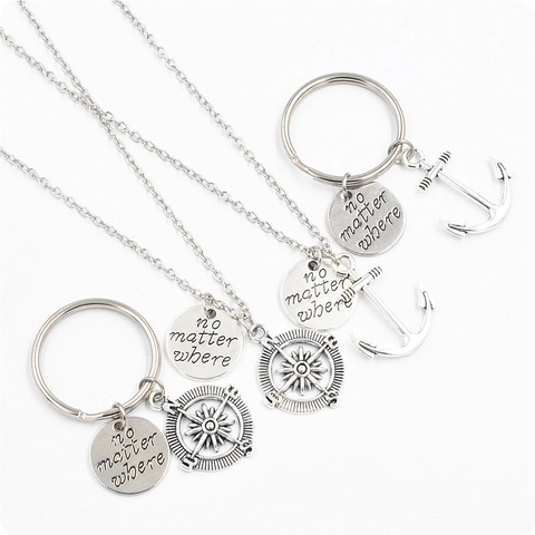 Vintage Zinc Alloy No Matter Where Compass Anchor Pendant Necklace Keychain Nautical Jewelry Gift For Best Friends Couples