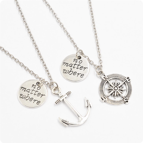 Vintage Zinc Alloy No Matter Where Compass Anchor Pendant Necklace Keychain Nautical Jewelry Gift For Best Friends Couples