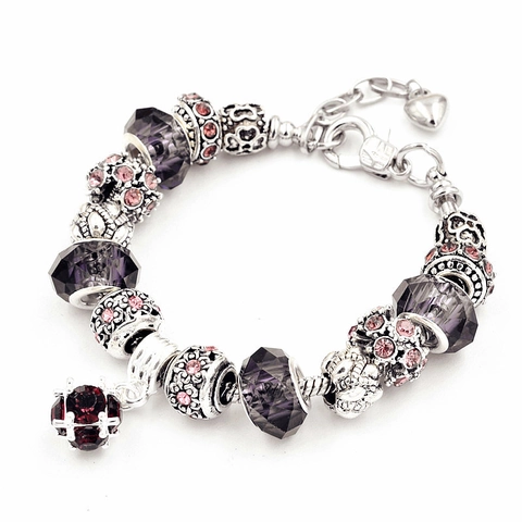 Pulsera de Abalorios de Cristal de Aleación Vintage Colgante de Corazón Strass DIY Pulsera Joyería Regalo Para Mujeres Estilo Dulce
