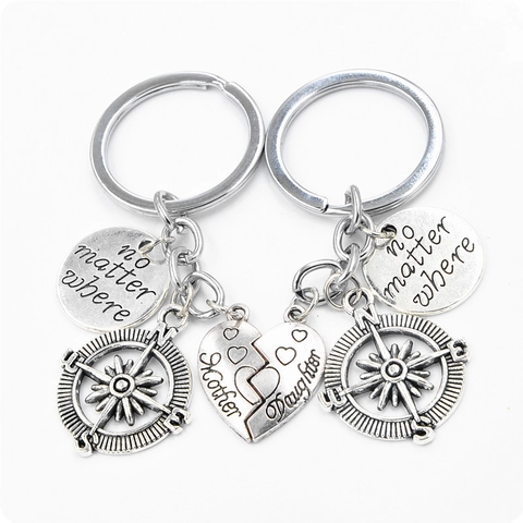 Porte-Clés en Métal avec Boussole et Cœur Gravé No Matter Where Anneau Porte-Clés Mère Fille Meilleurs Amis Pendentif en Alliage de Zinc