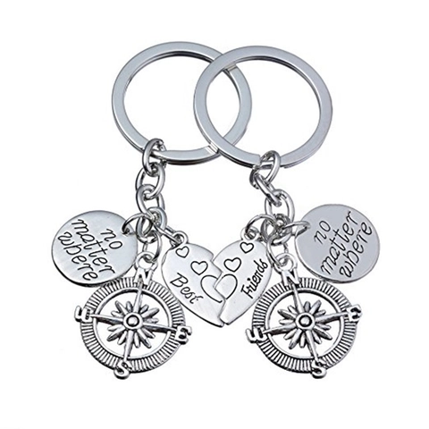 Porte-Clés en Métal avec Boussole et Cœur Gravé No Matter Where Anneau Porte-Clés Mère Fille Meilleurs Amis Pendentif en Alliage de Zinc