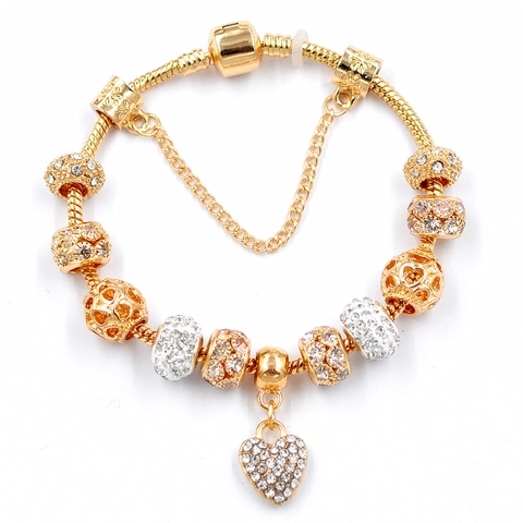 Fashion Gold Color Alloy Charm Bracelet For Women DIY Rhinestone Heart Pendant Snake Chain Jewelry With Safety Chain Gift
