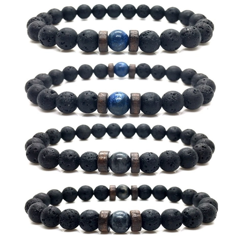 Bracelet pour Hommes en Pierre de Lave Volcanique Vintage avec Lapis-Lazuli Naturel Labradorite Intercalaires en Bois Bijoux