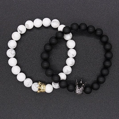 Bracelet en Perles de Pierre de Lave Naturelle Turquoise Blanche Mate Couronne Bracelet Élastique en Agate pour Couple Bijoux Cadeau