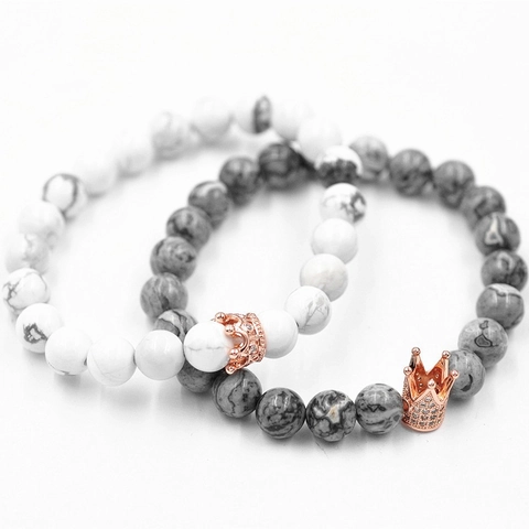 Bracelet en Perles de Pierre de Lave Naturelle Turquoise Blanche Mate Couronne Bracelet Élastique en Agate pour Couple Bijoux Cadeau