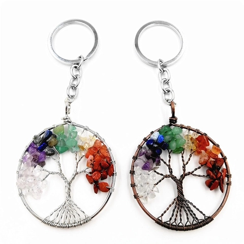 Handmade Tree Of Life Keychain Wire Wrapped Copper Natural Crystal Stone Chips Keyring Pendant Jewelry Gift For Women Men