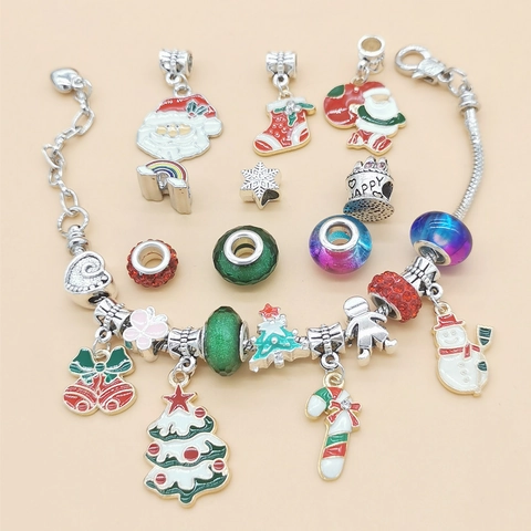 Kerst DIY Bedelarmband Maakset Legering Slangenketting Glasparels Emaille Kerstman Sneeuwpop Bedeltjes Sieraden Voor Dames Meisjes Cadeau