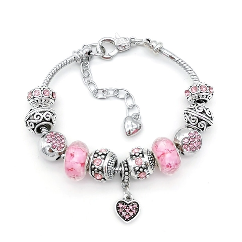 Bracelet à Perles DIY pour Femmes Cœur Rose Perles de Verre Colorées Strass Licorne Charme Alliage Chaîne de Serpent Bijoux Cadeau