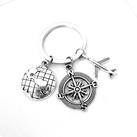 Vintage Zinklegierung Reise Schlüsselanhänger Mit Flugzeug Kompass Globus Anhänger Antiksilber Tasche Anhänger Abschluss Geschenk
