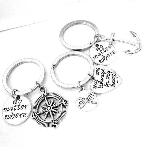 Vintage Alloy Anchor Compass Lettering Round Plate Keychain Friendship Travel Gift Jewelry For Classmate Graduation Keyring