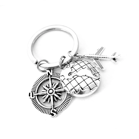 Vintage Zinklegierung Reise Schlüsselanhänger Mit Flugzeug Kompass Globus Anhänger Antiksilber Tasche Anhänger Abschluss Geschenk