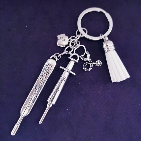Medical Theme Alloy Keychain With Syringe Thermometer Stethoscope Nurse Hat Pendants And Colorful Tassel For Doctor Nurse Graduation Gift
