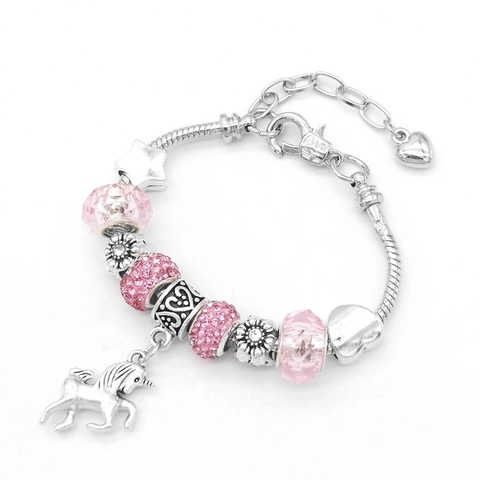 Pulsera con Colgante de Unicornio para Niña Cuentas de Cristal Cadena de Serpiente de Cobre Aleación Joyería DIY para Regalo Cumpleaños